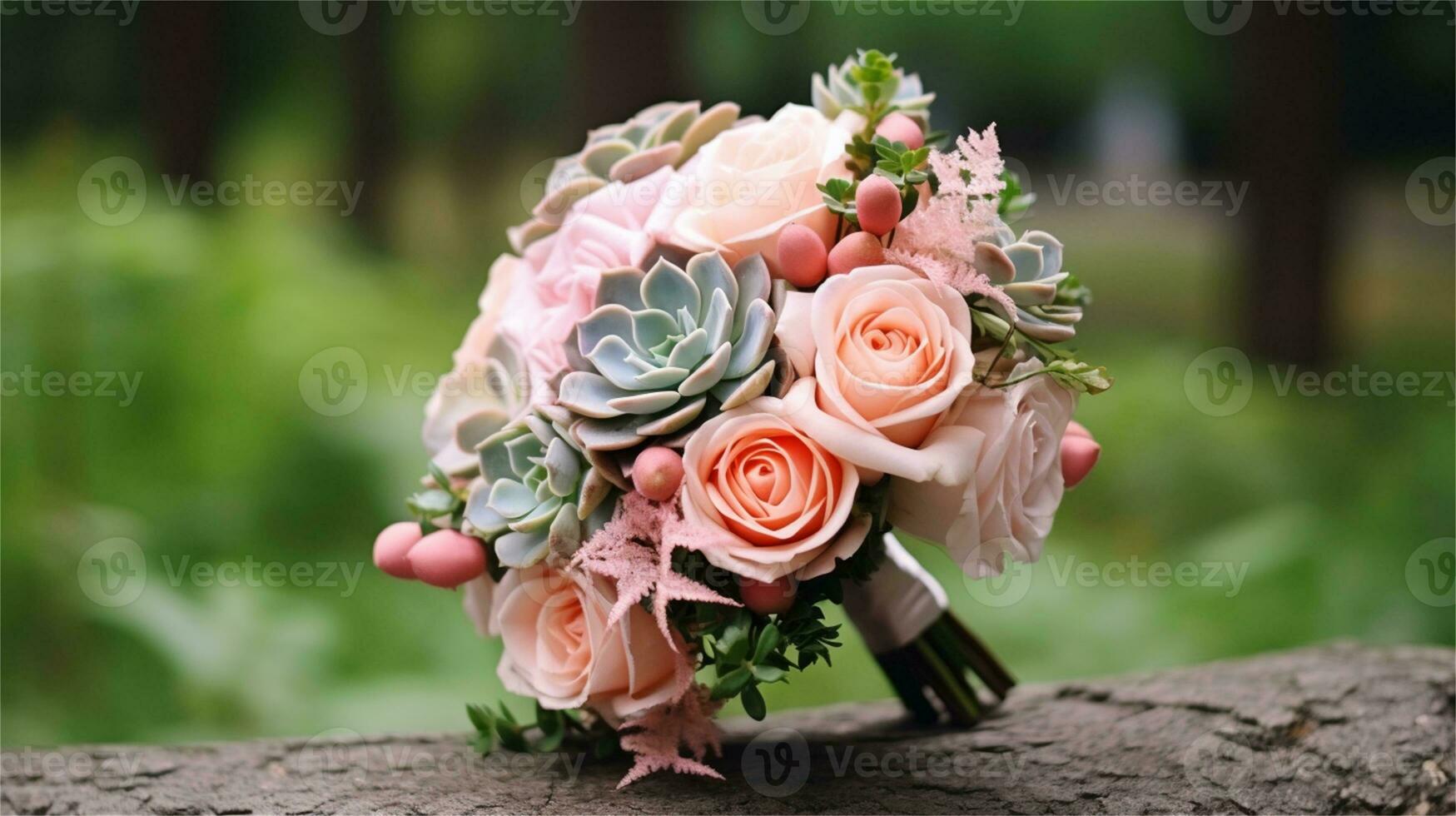 a bouquet of pink and yellow roses sitting on rocks AI Generated photo