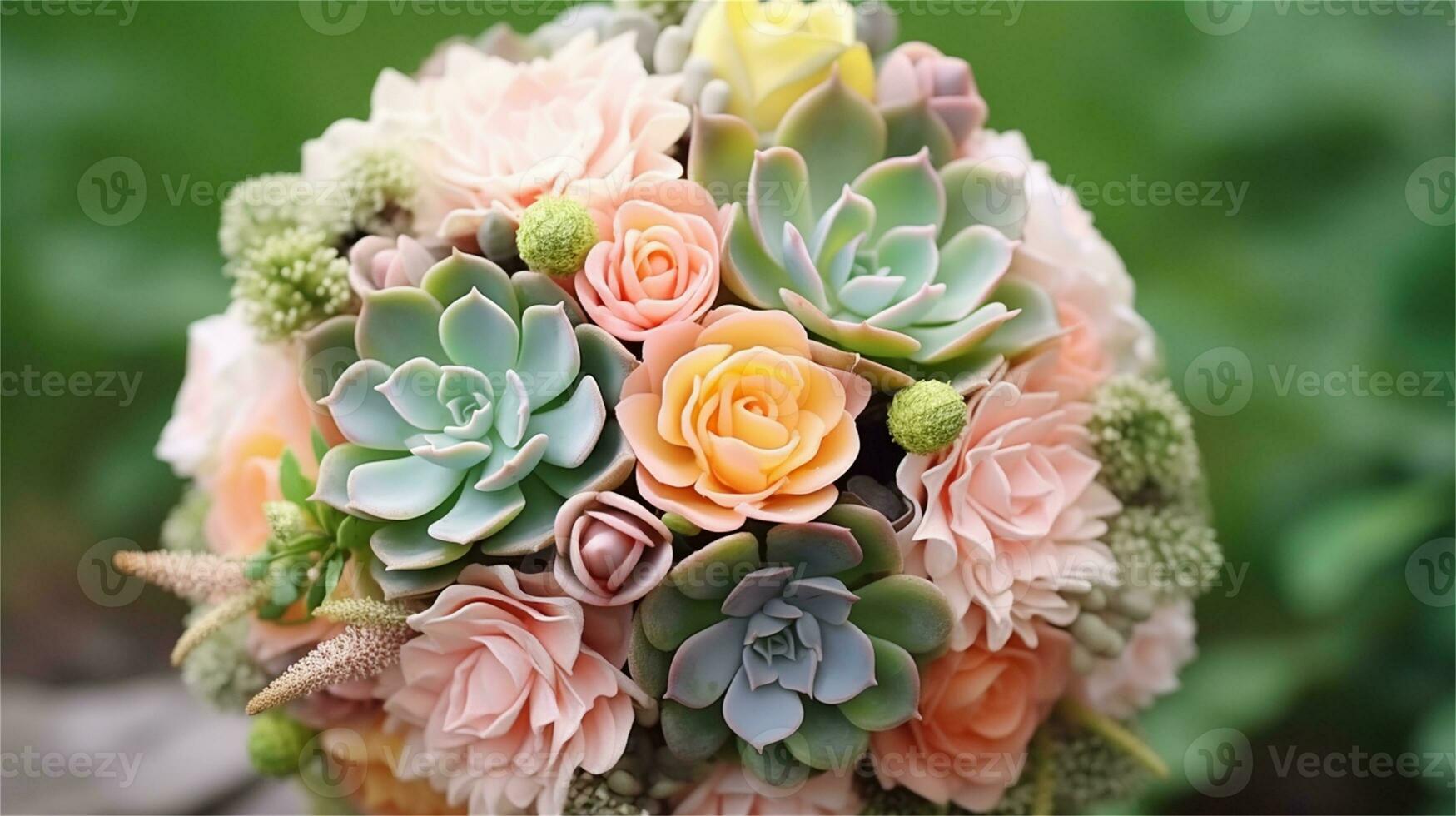 a bouquet of pink and yellow roses sitting on rocks AI Generated photo