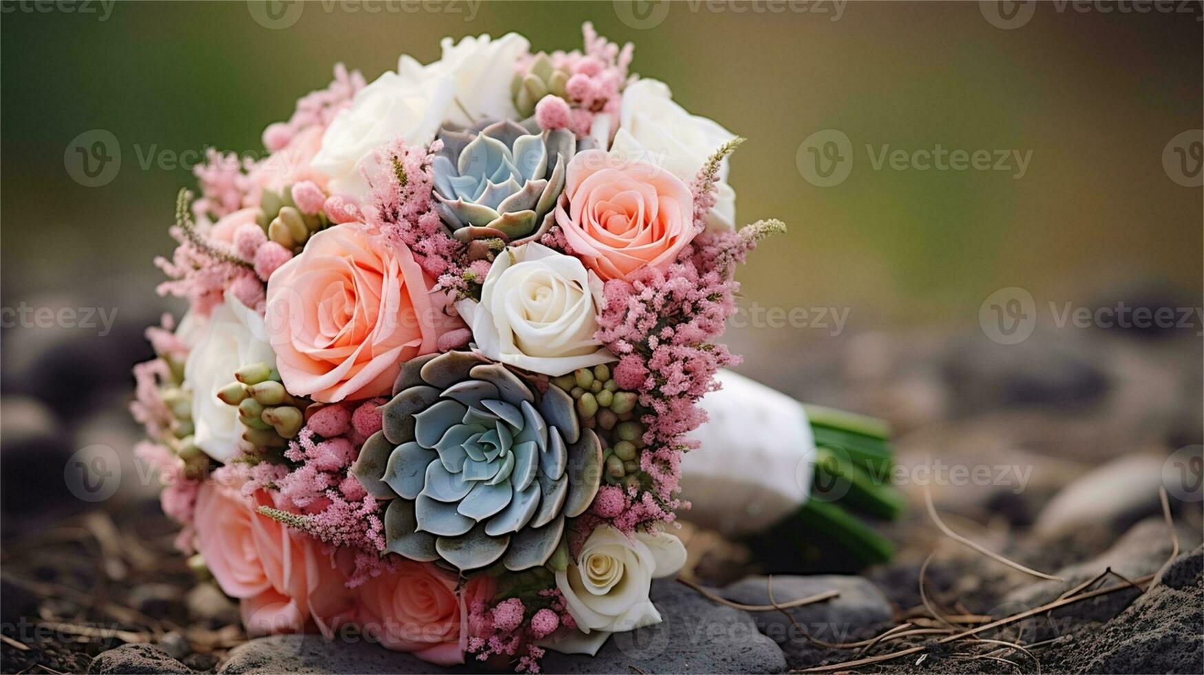 a bouquet of pink and yellow roses sitting on rocks AI Generated photo