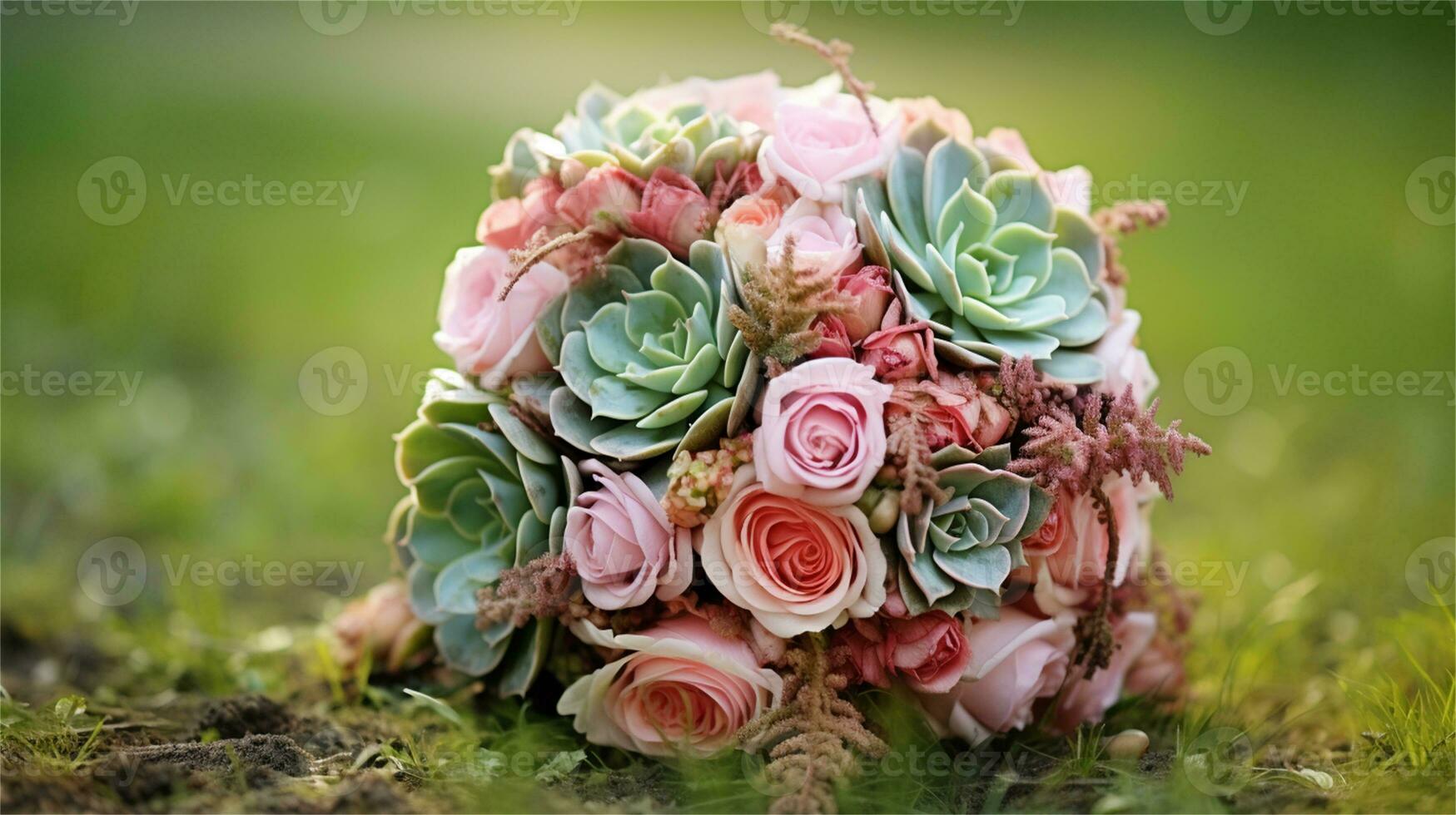 a bouquet of pink and yellow roses sitting on rocks AI Generated photo