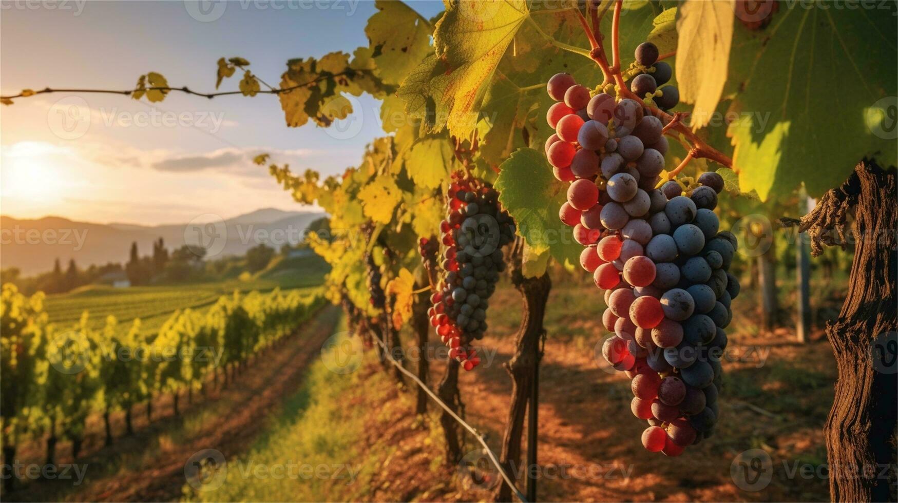 grapes in the vineyard at sunset AI Generated photo