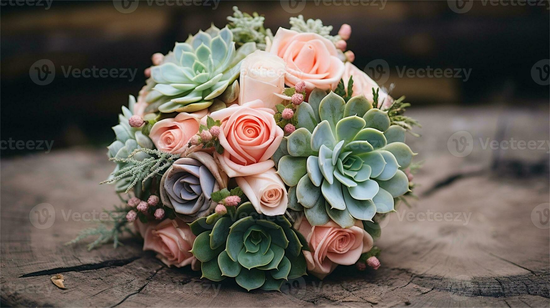 a bouquet of pink and yellow roses sitting on rocks AI Generated photo