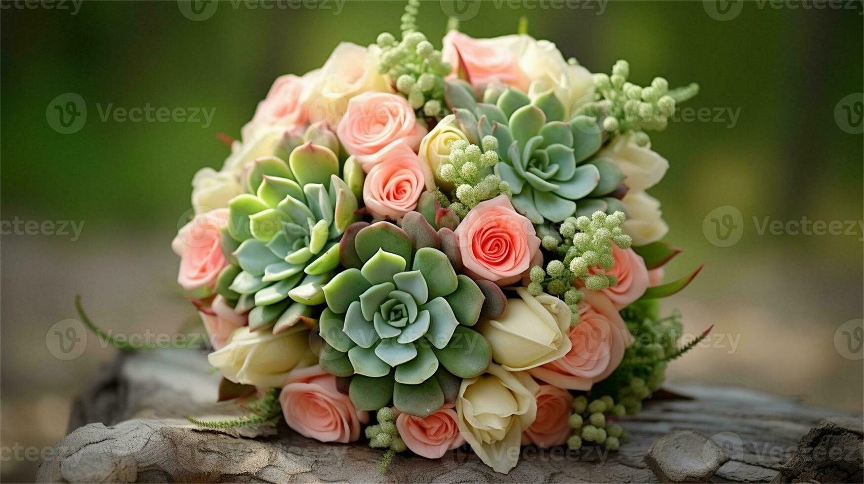 a bouquet of pink and yellow roses sitting on rocks AI Generated photo
