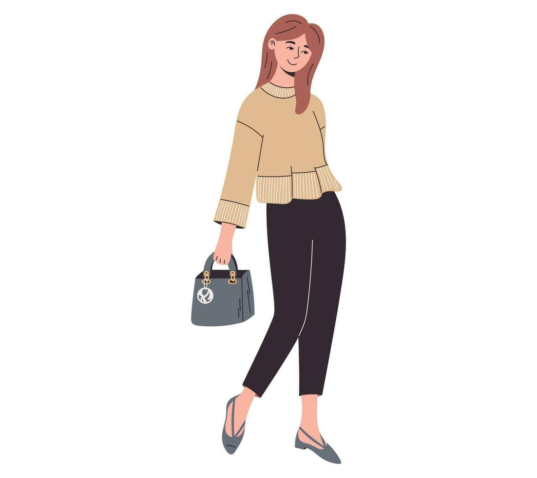 Young beautiful cartoon fashion model woman. Vector isolated flat girl in casual clothes with a handbag.