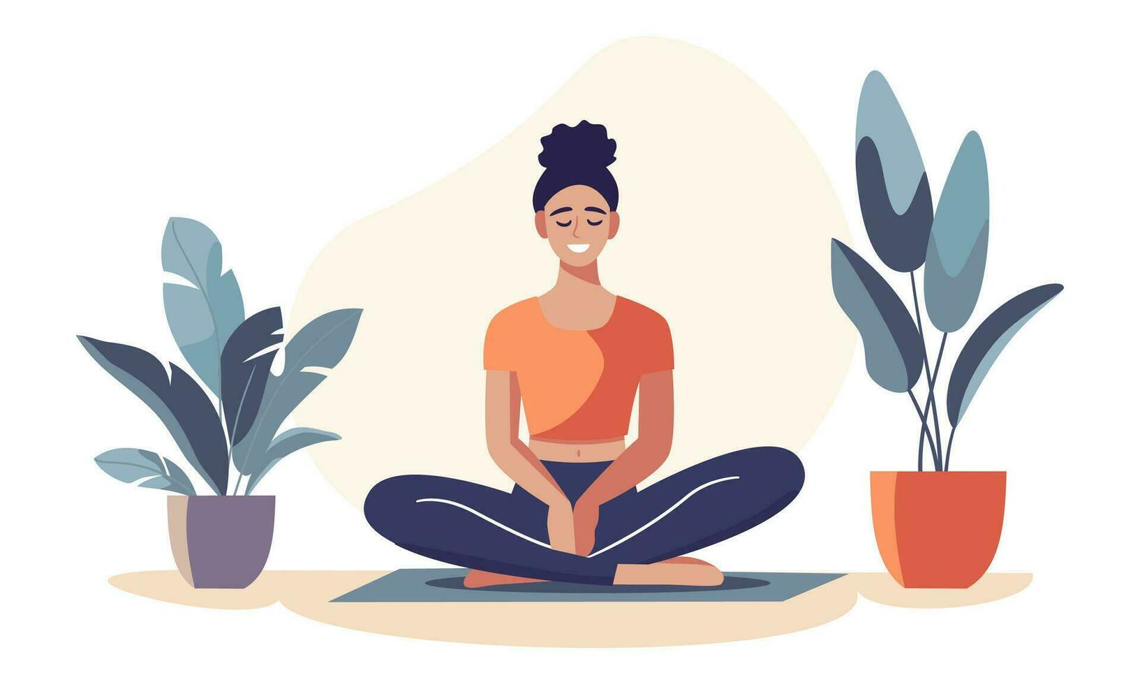 plano vector ilustración en moderno estilo. linda contento niña haciendo yoga, meditando en loto pose. hogar interior, flores en ollas