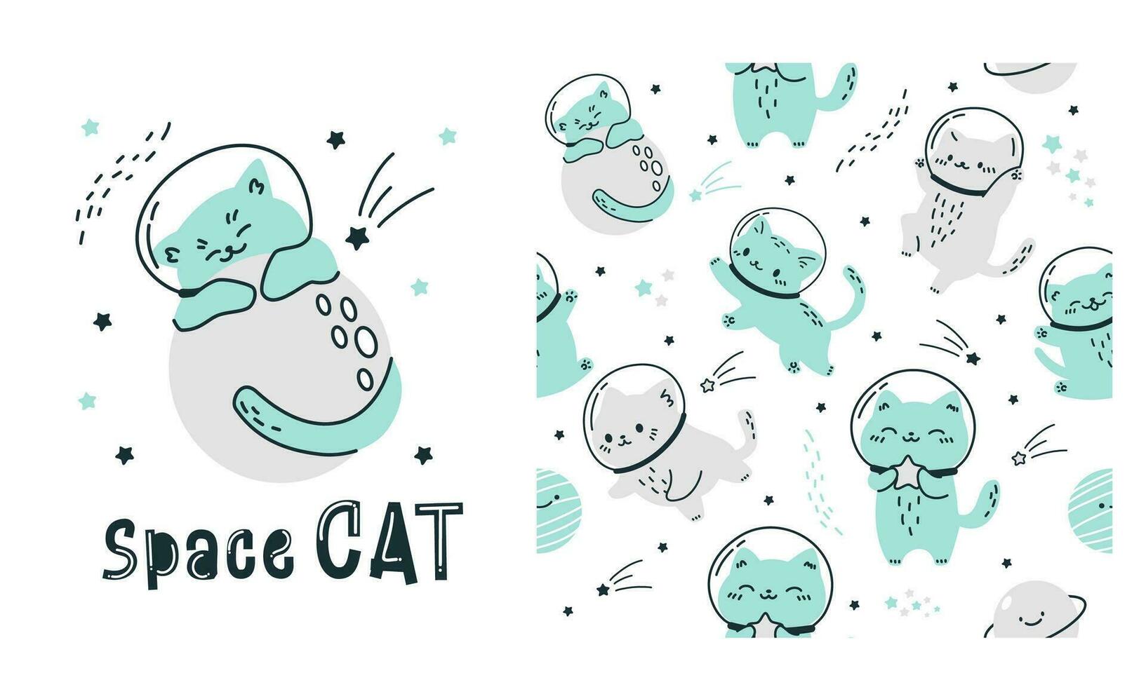 Vector set for printing on children's products. Seamless pattern and print for printing. An astronaut cat hugs the moon and sleeps on it. Space cat inscription