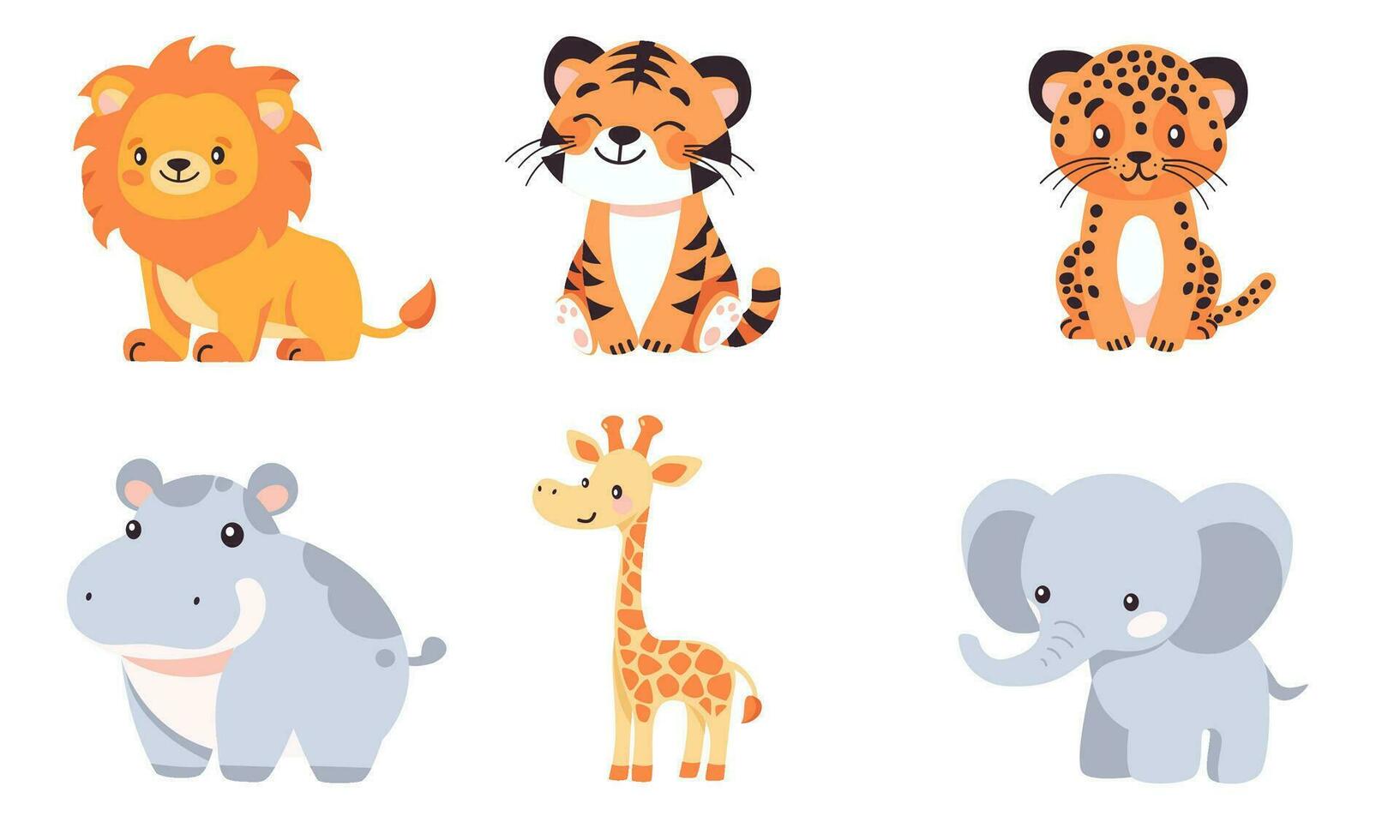 conjunto de plano vector ilustraciones. linda animales de África y safari en blanco fondo, león, guepardo, tigre, elefante, jirafa, hipopótamo