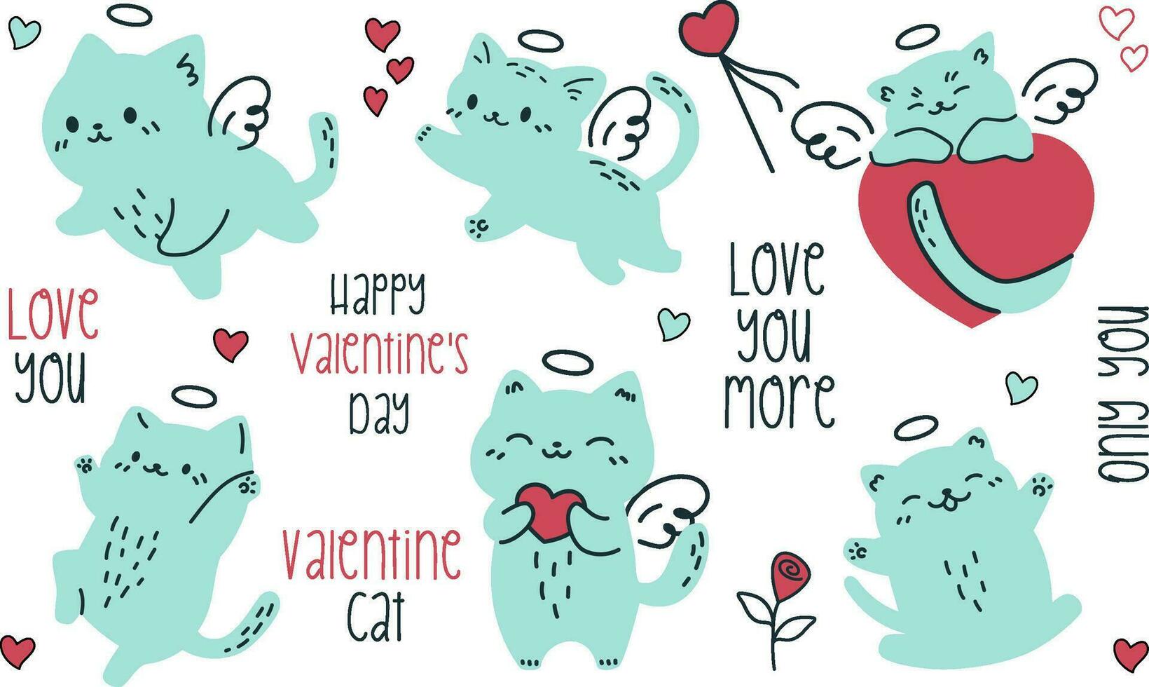 vector conjunto en garabatear estilo. linda gatitos cupidos inscripciones en el tema de San Valentín día. corazones, flores y gatos en blanco antecedentes