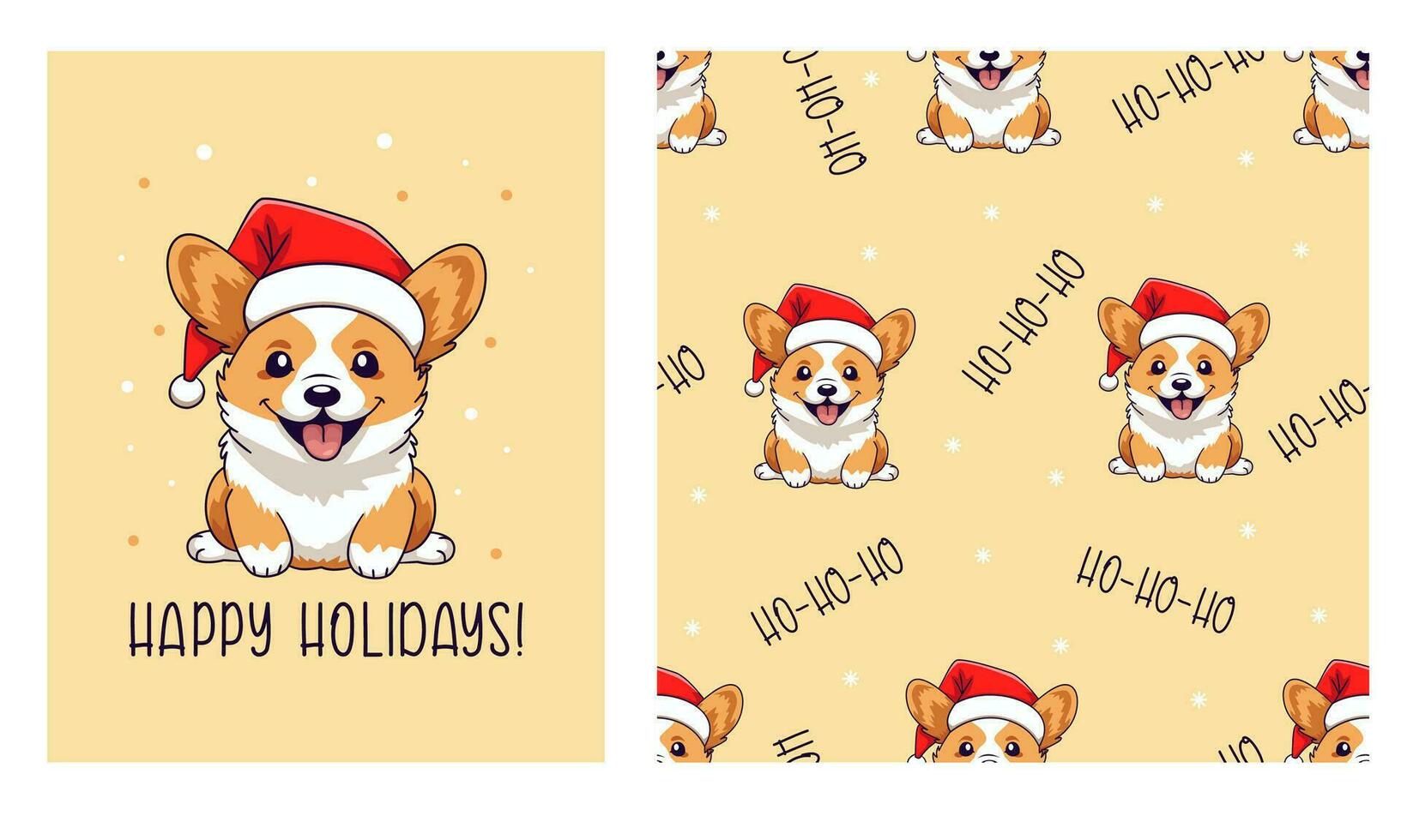 Vector set new year card and seamless pattern. Cute corgi in santa claus hat, happy vacations caption. Printable print and holiday pattern