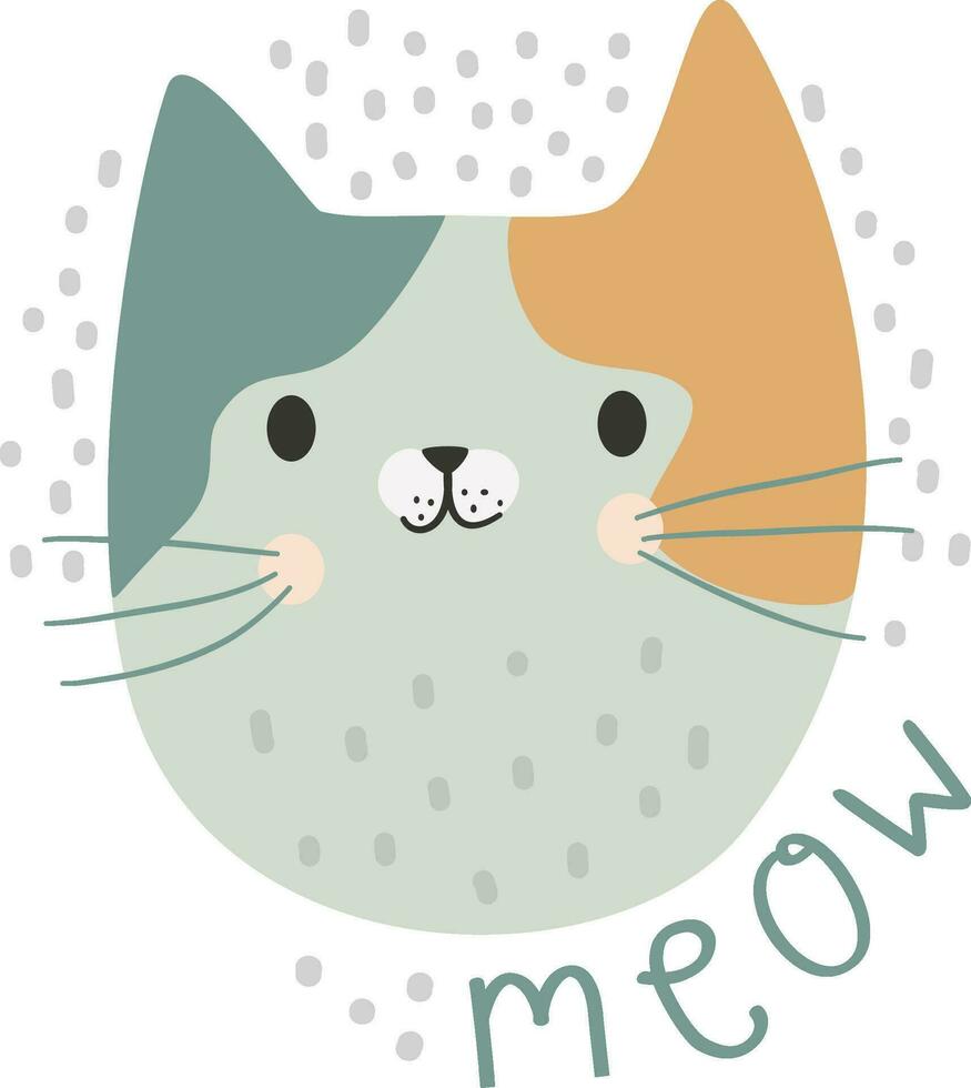 Cute vector children's illustration. Cute cat face, meow inscription