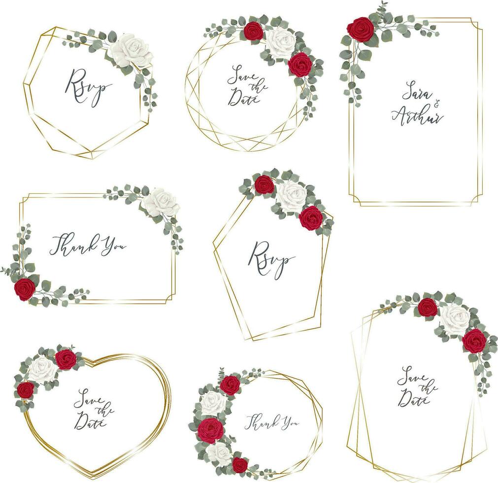 Vector floral set for wedding design. Gold frames, white and red roses, eucalyptus, green plants and eucalyptus