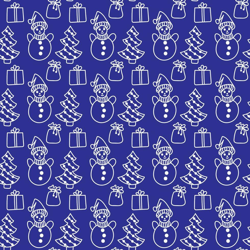 Christmas pattern in doodle style. White line on a dark blue background. Vector illustration.