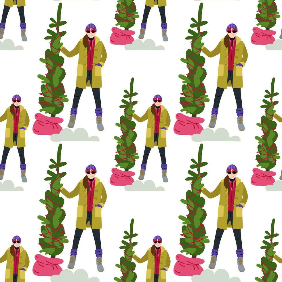 A pattern with a girl in a coat and boots holding a Christmas tree on a white background with one hand. Points for 2024. Festive modern ornament for the New Year holidays. Vector texture