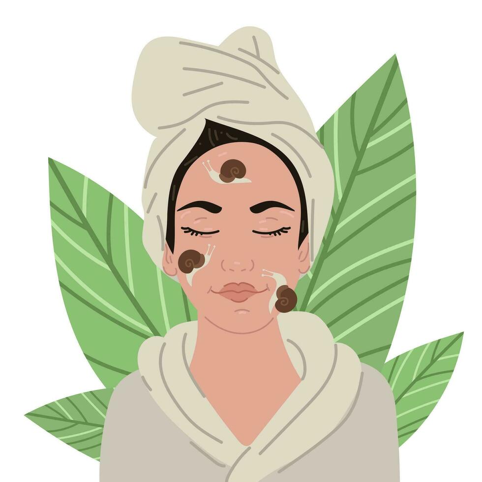 un bonito mujer con Caracoles en su rostro. spa tratos con caracol facial masaje. fármaco terapia. limpieza procedimiento en un belleza salón. hidratante el rostro. aislado vector ilustración. caracol mucina