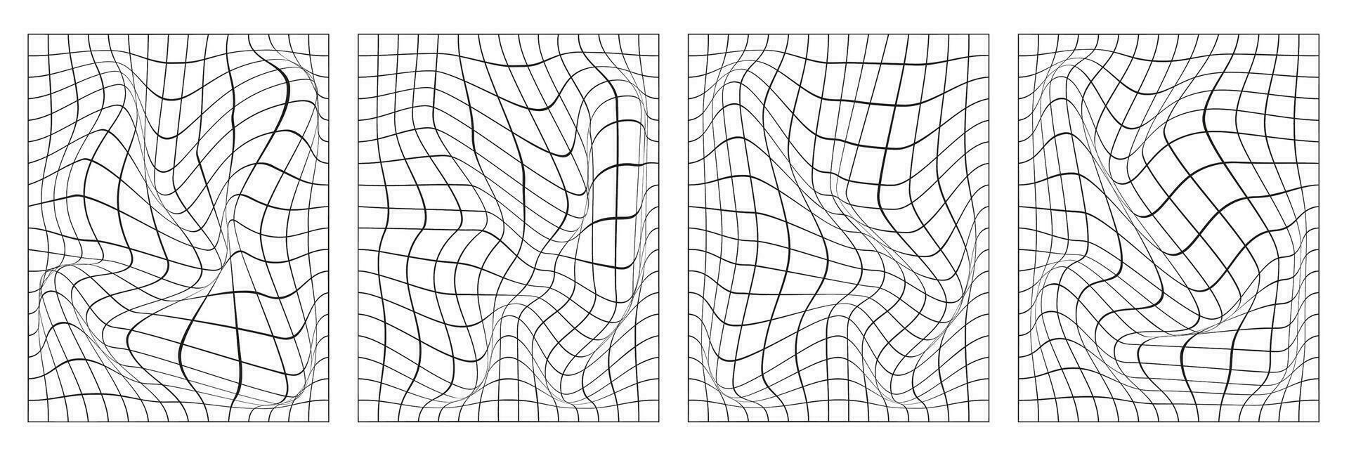 Set of distorted vertical grid pattern. Black shapes on a white background. Trendy retro 1980s, 90s, 2000s style. Set of abstract backgrounds.Print, poster, banner. vector