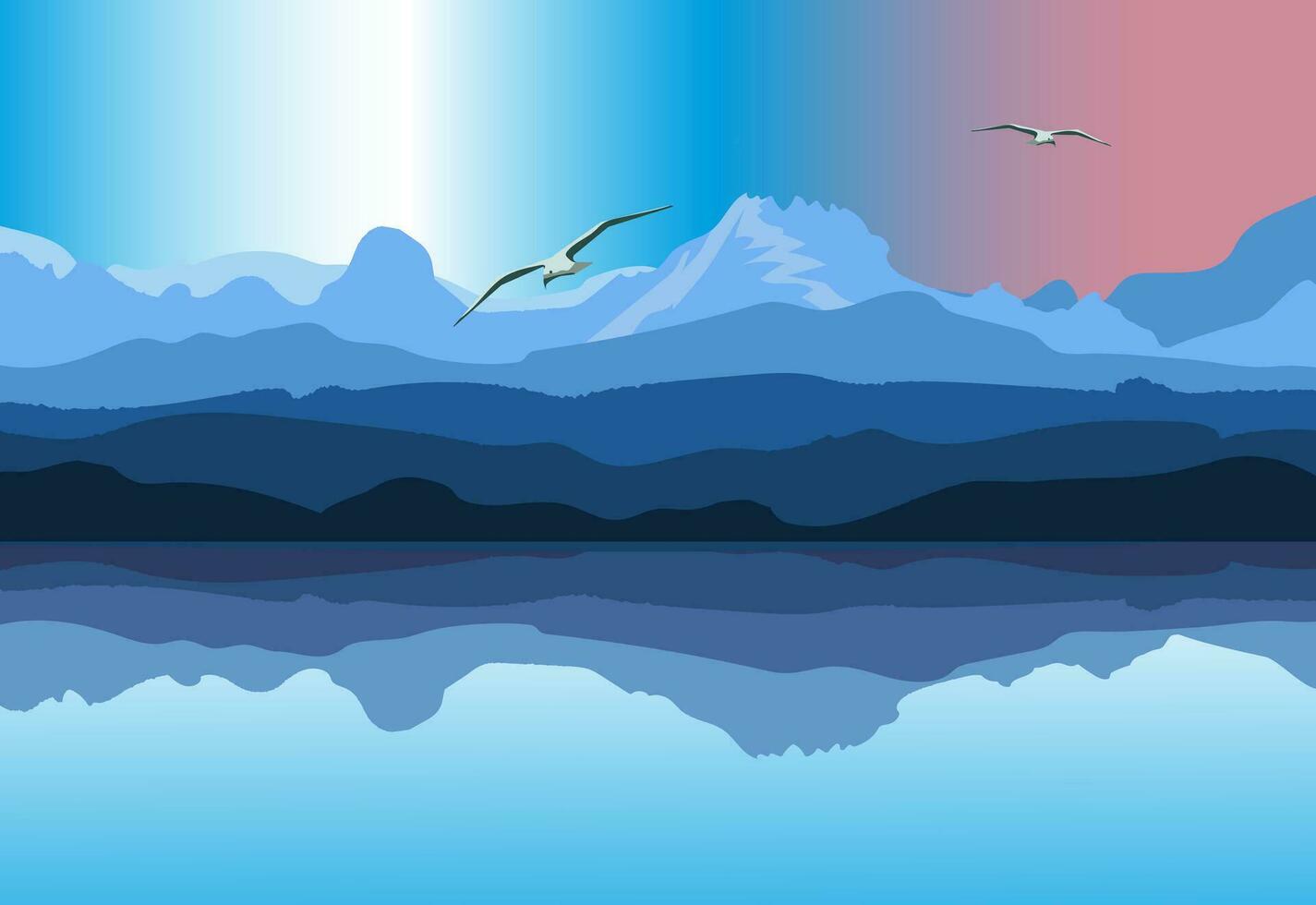 Silhouette of nature landscape. Mountains, lake, birds in background. View of blue mountains. Vector illustration.