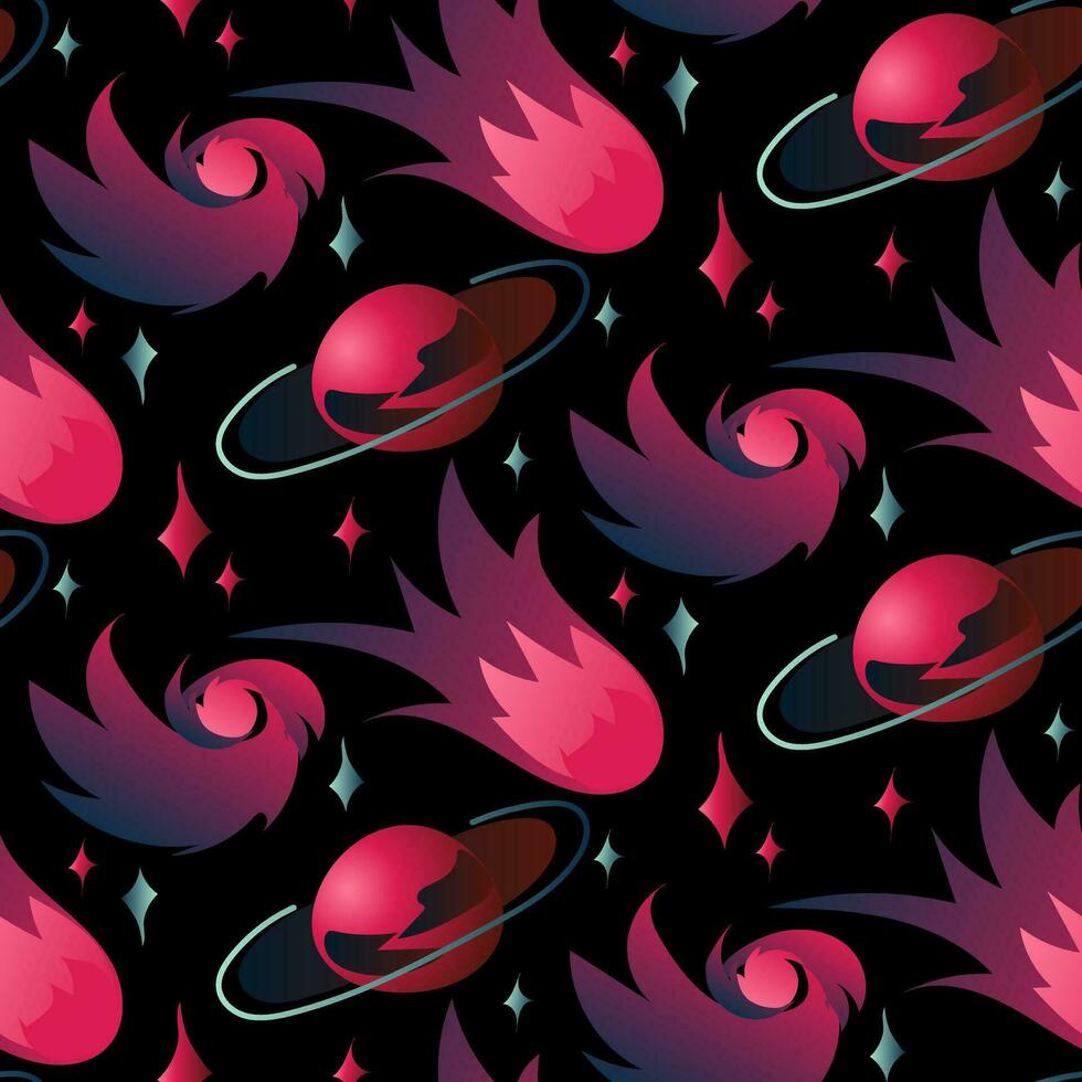 Vector space seamless pattern. Cartoon space texture with a planet, a flying fiery asteroid and a space funnel and stars in pink colors on a black background. Space Adventure