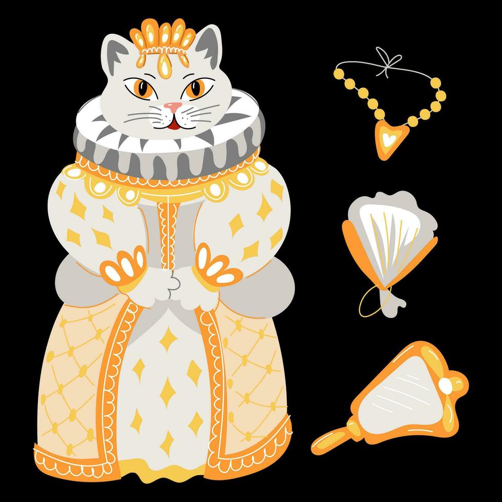 A cat in a retro ballroom costume. The outfit of the queen of the 19th century with additional accessories. Mirror, fan, necklace. Ballroom outfits. Animals in ball gowns on a black background vector