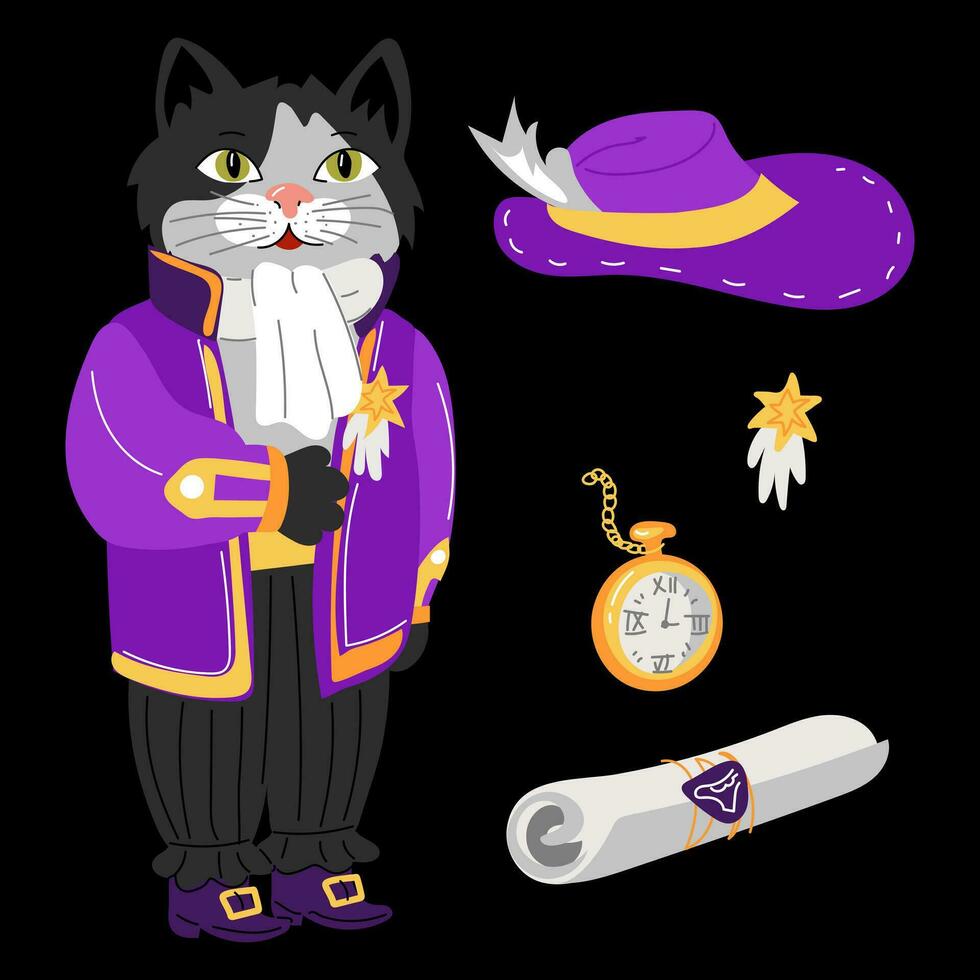 Cat in a retro ballroom costume. A noble outfit of the 19th century with additional accessories. Bundle, a watch, a hat, a reward. Ballroom outfits. Animals in ballroom costumes on a black background vector