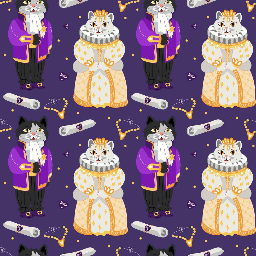 Pattern of a cat and a kitty in retro costumes for the ball. The outfits of the queen and the courtier of the 19th century. Animals in ballroom outfits and objects are repeated. Necklace, Letter vector