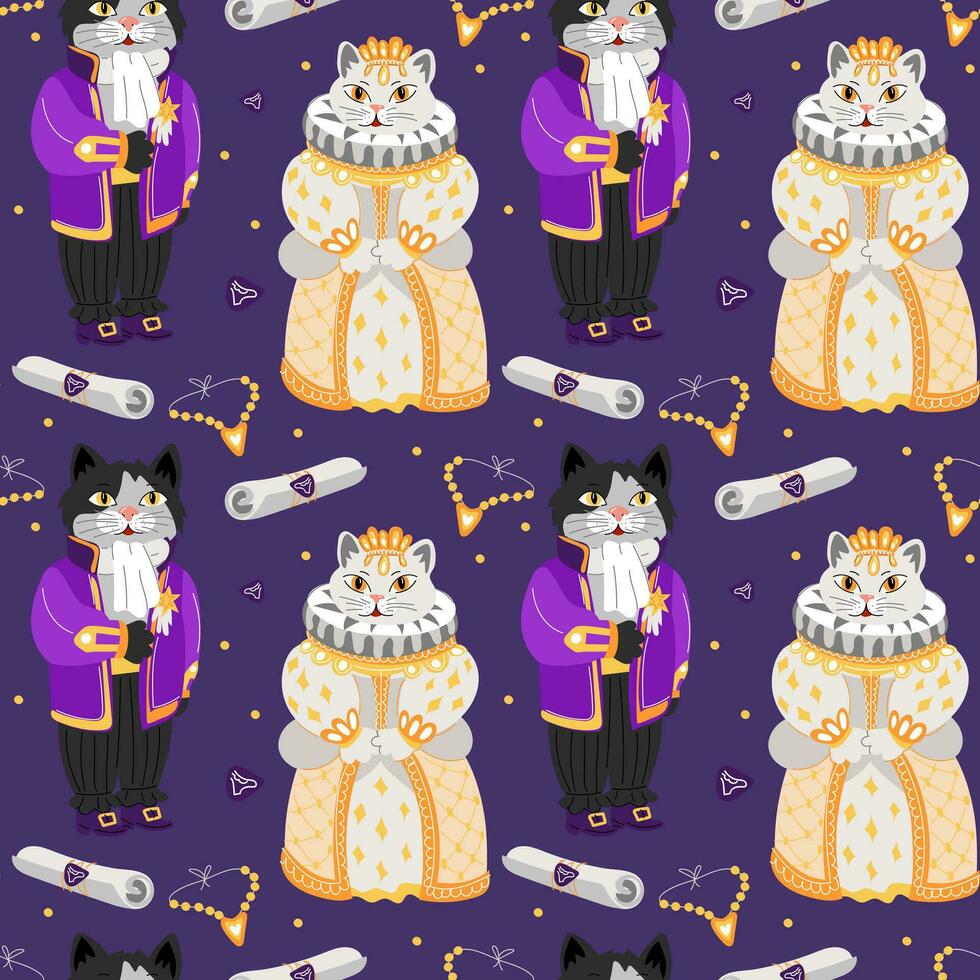 Pattern of a cat and a kitty in retro costumes for the ball. The outfits of the queen and the courtier of the 19th century. Animals in ballroom outfits and objects are repeated. Necklace, Letter vector