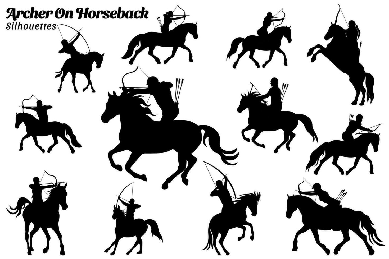 colección de ilustraciones de siluetas de arqueros montando caballos vector