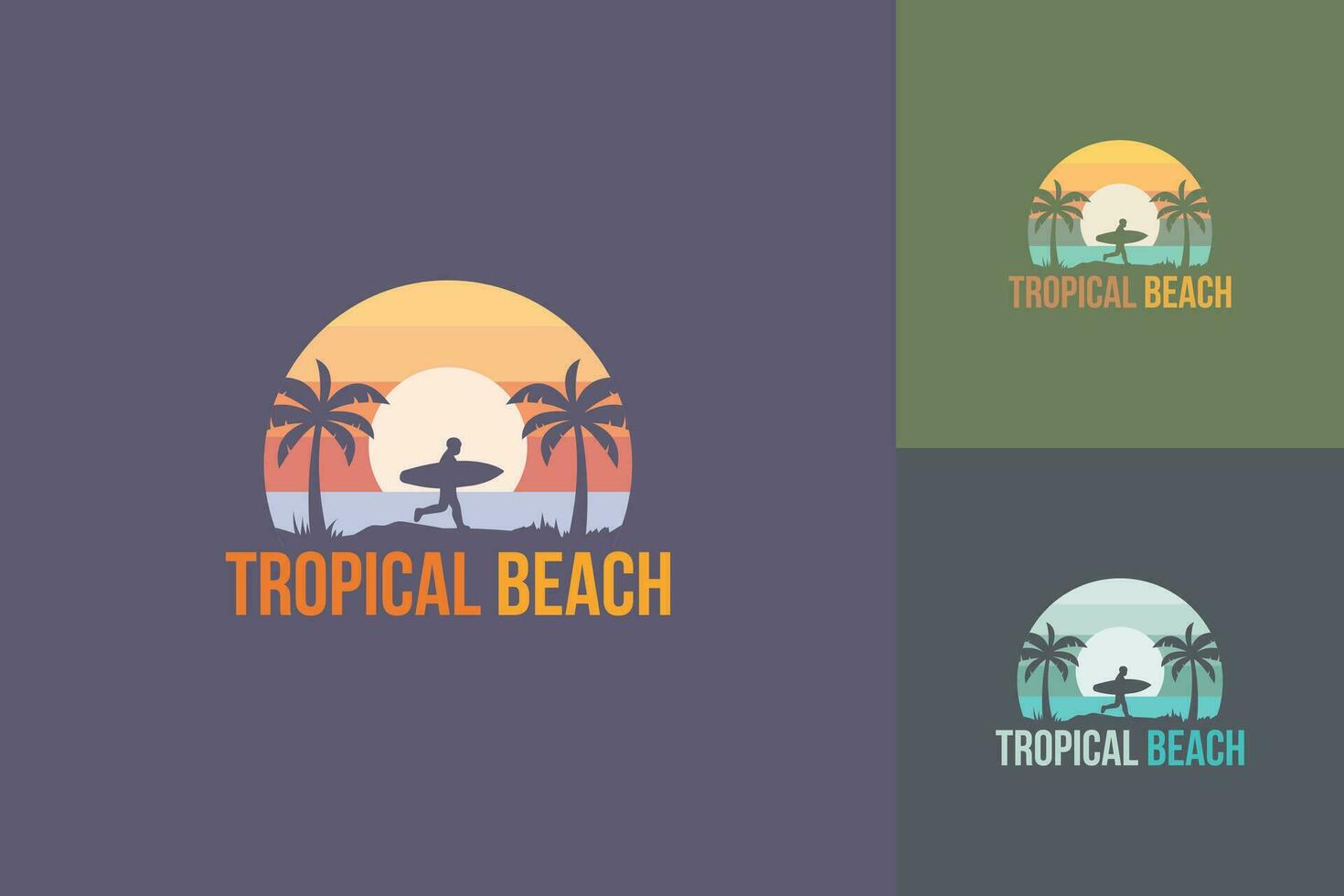 surf logo en tropical playa isla con silueta de hombre que lleva tabla de surf vector ilustración