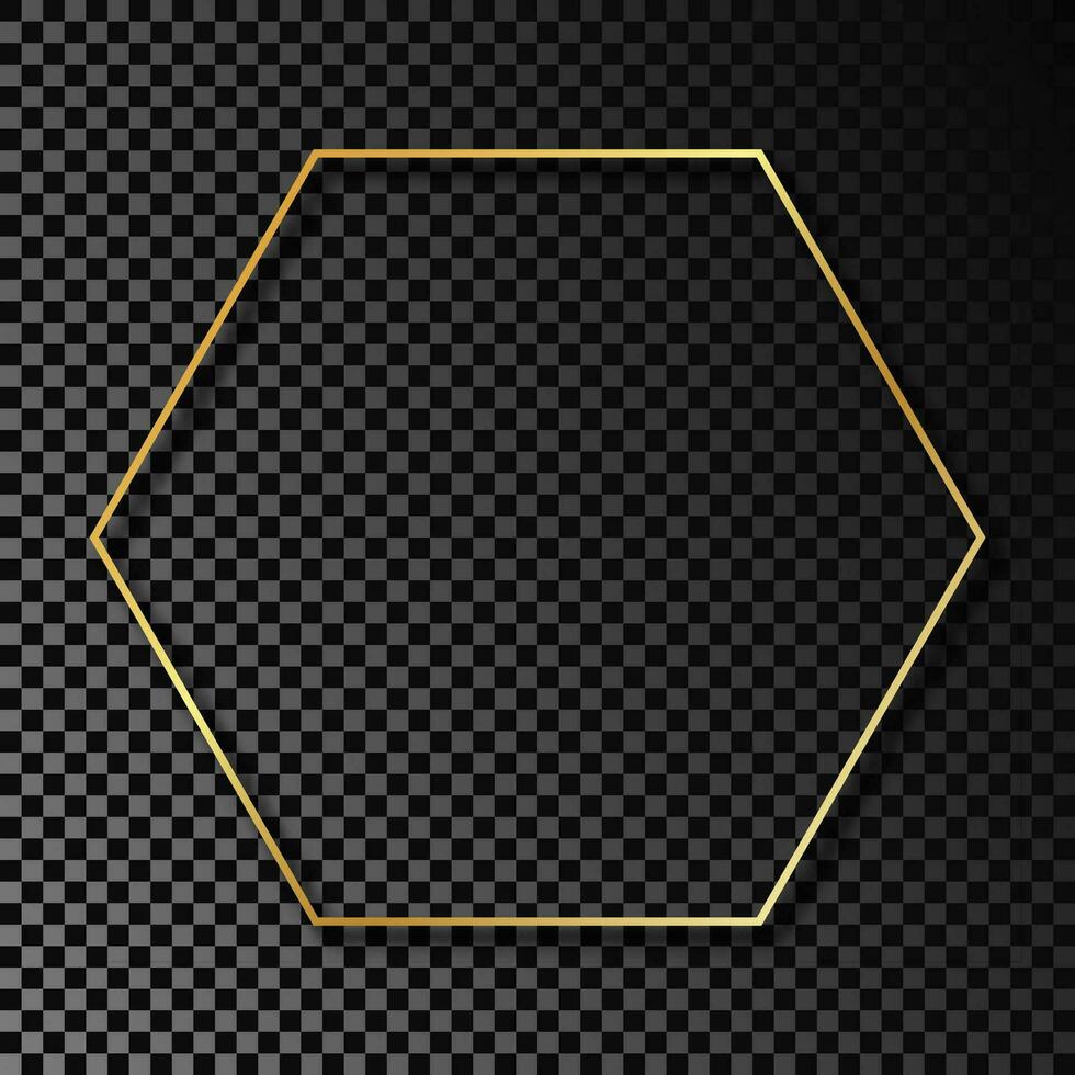 Gold glowing hexagon frame with shadow isolated on dark background. Shiny frame with glowing effects. Vector illustration.