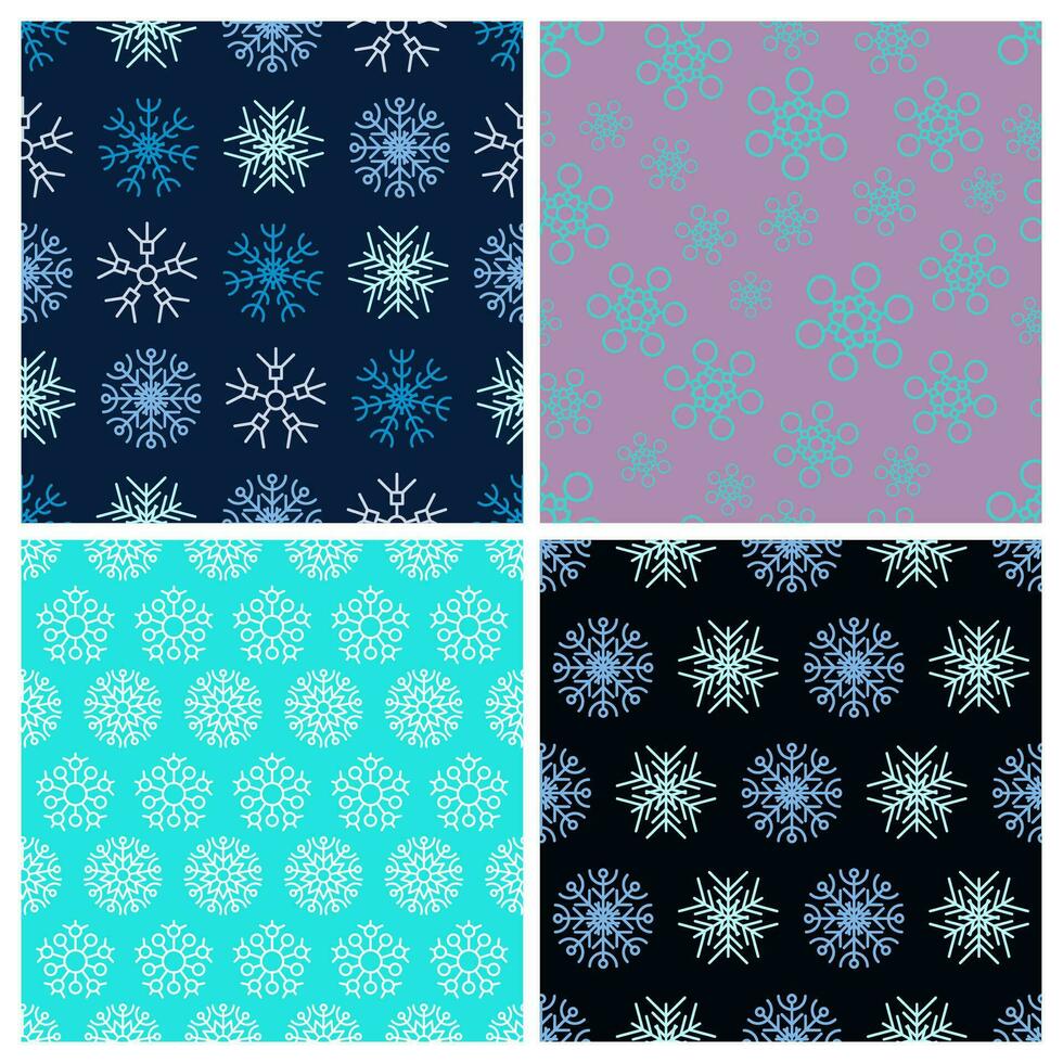 Seamless background with snowflakes. Set of four Christmas and New Year backdrops. Christmas decoration elements. Vector illustration.