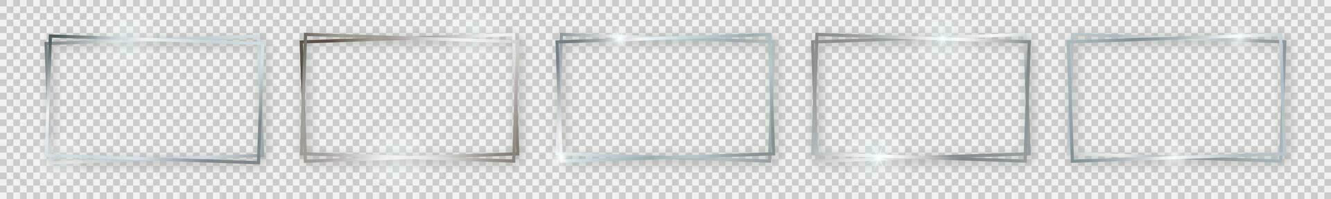 Set of five double silver shiny rectangular frames with glowing effects and shadows on background. Vector illustration