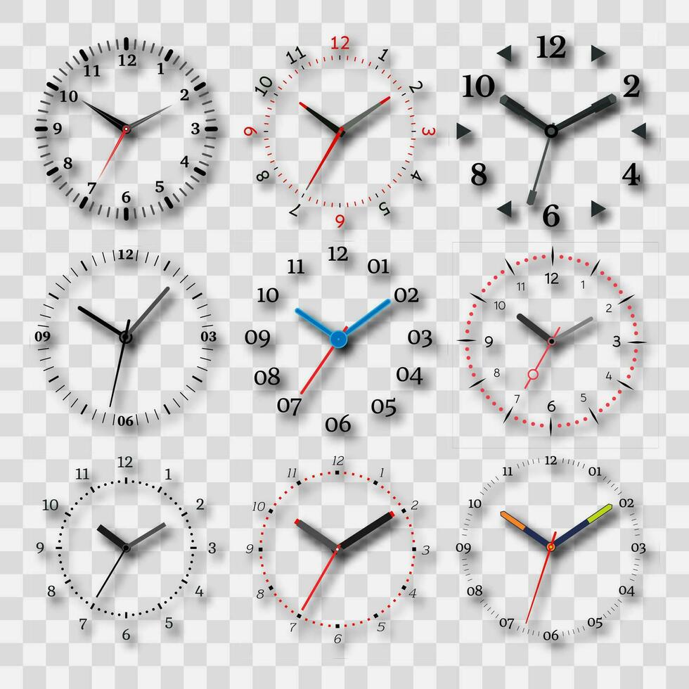 Watch dial on a background with a shadow. Set of nine elements. Vector illustration