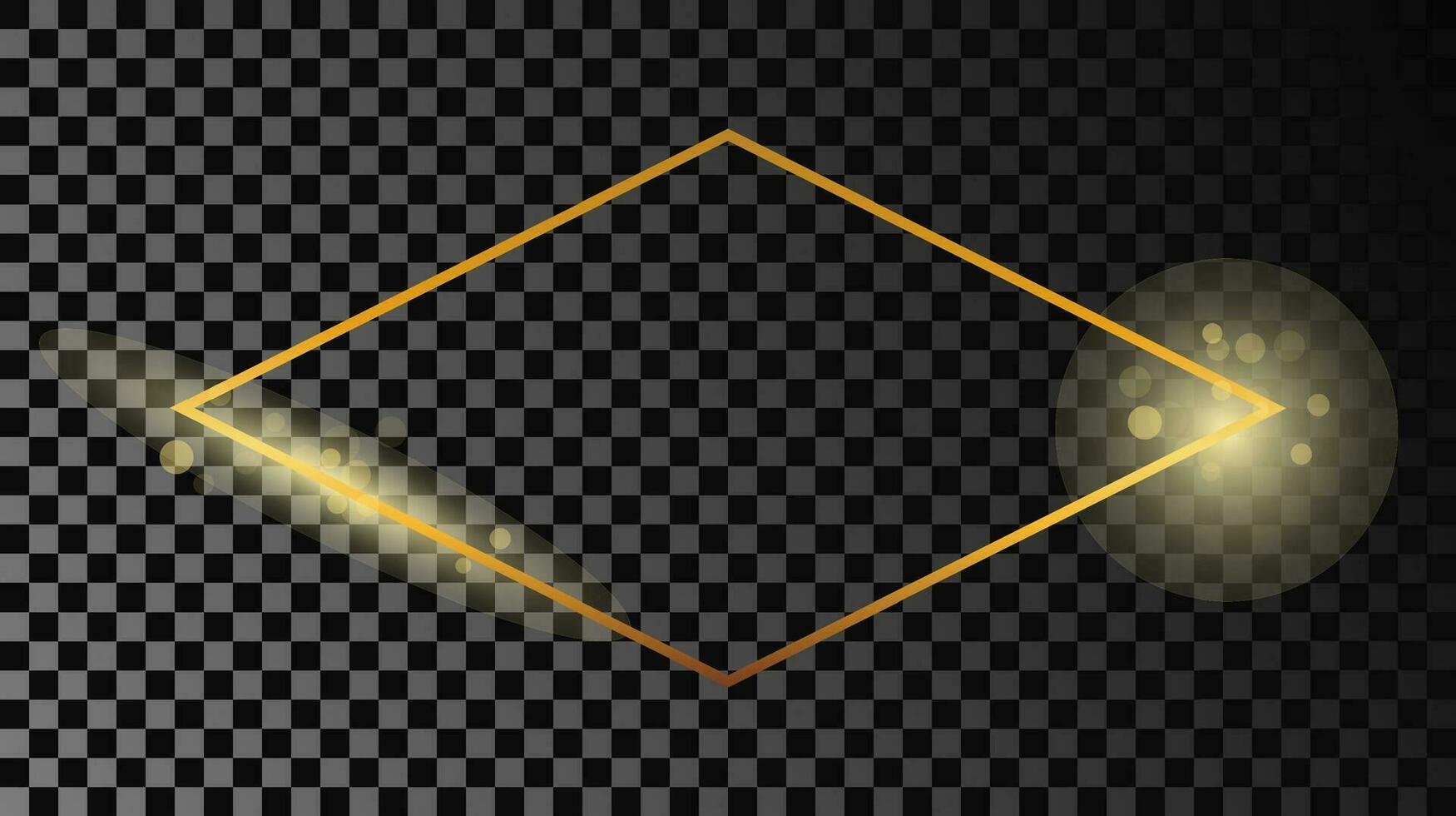 Gold glowing rhombus  shape frame isolated on dark background. Shiny frame with glowing effects. Vector illustration.