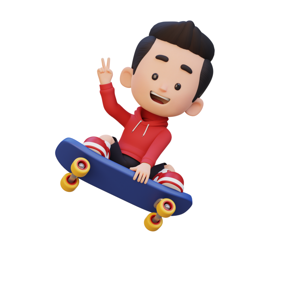 3D kid character ride skateboard png