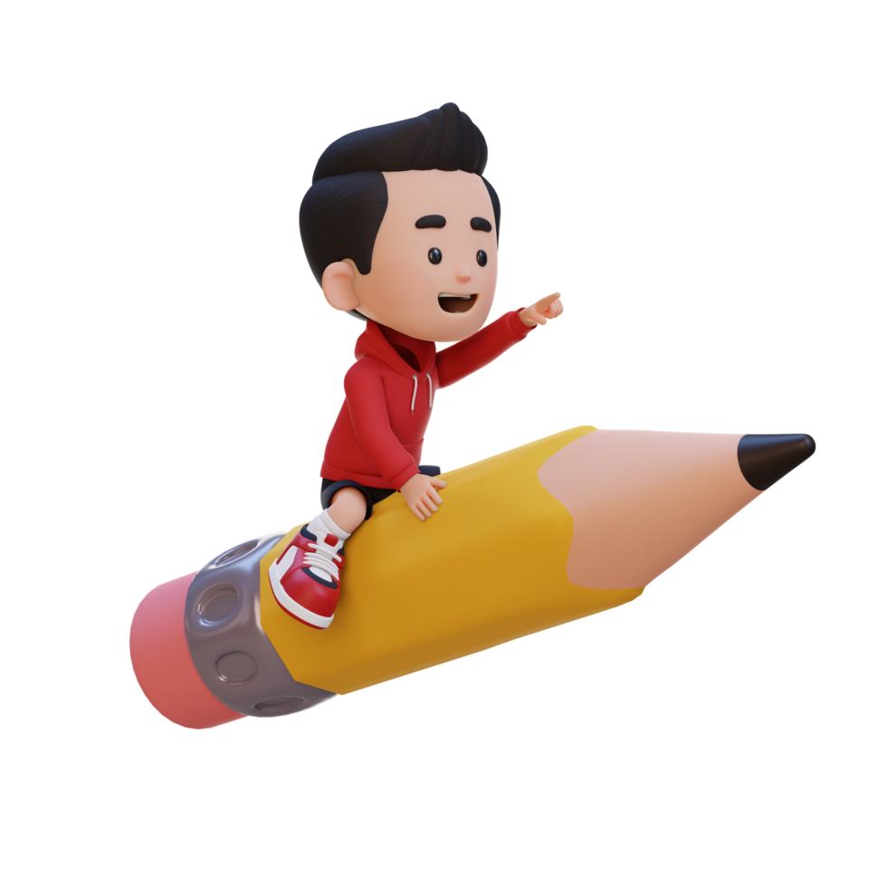 3D kid character riding a pencil and pointing hand png