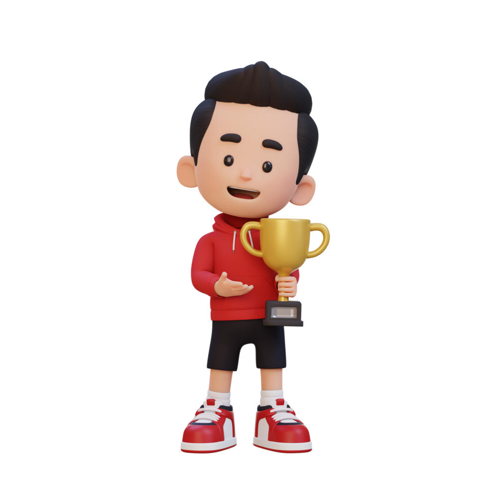 3d criança personagem a comemorar ganhar segurando uma troféu png