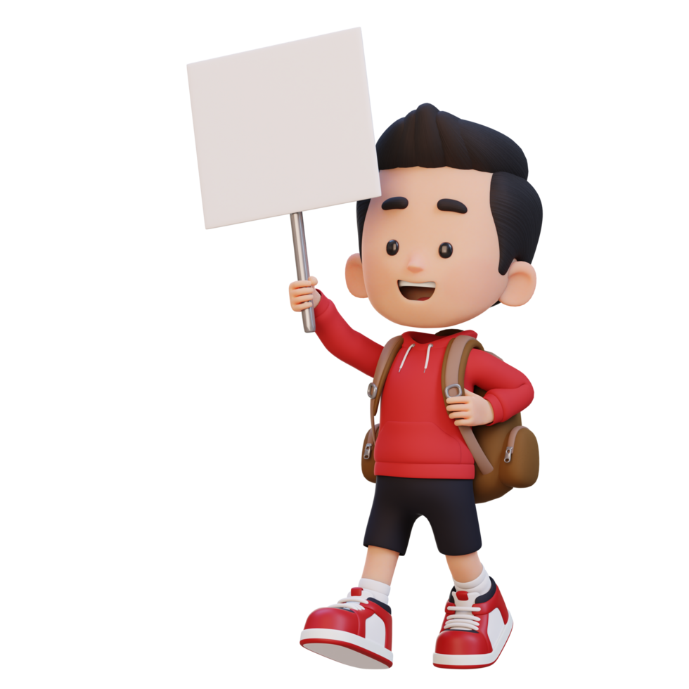 3D kid character holding a blank placard png