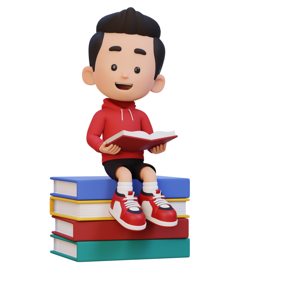 3D happy kid character reading book png