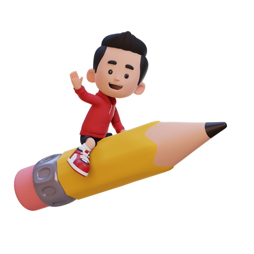 3D kid character riding a pencil and waving hand png
