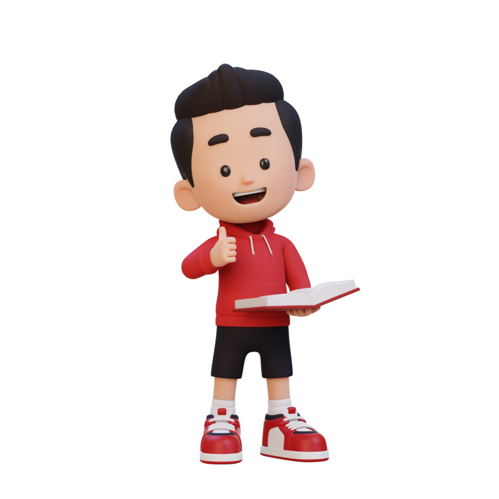 3D happy kid character reading book png