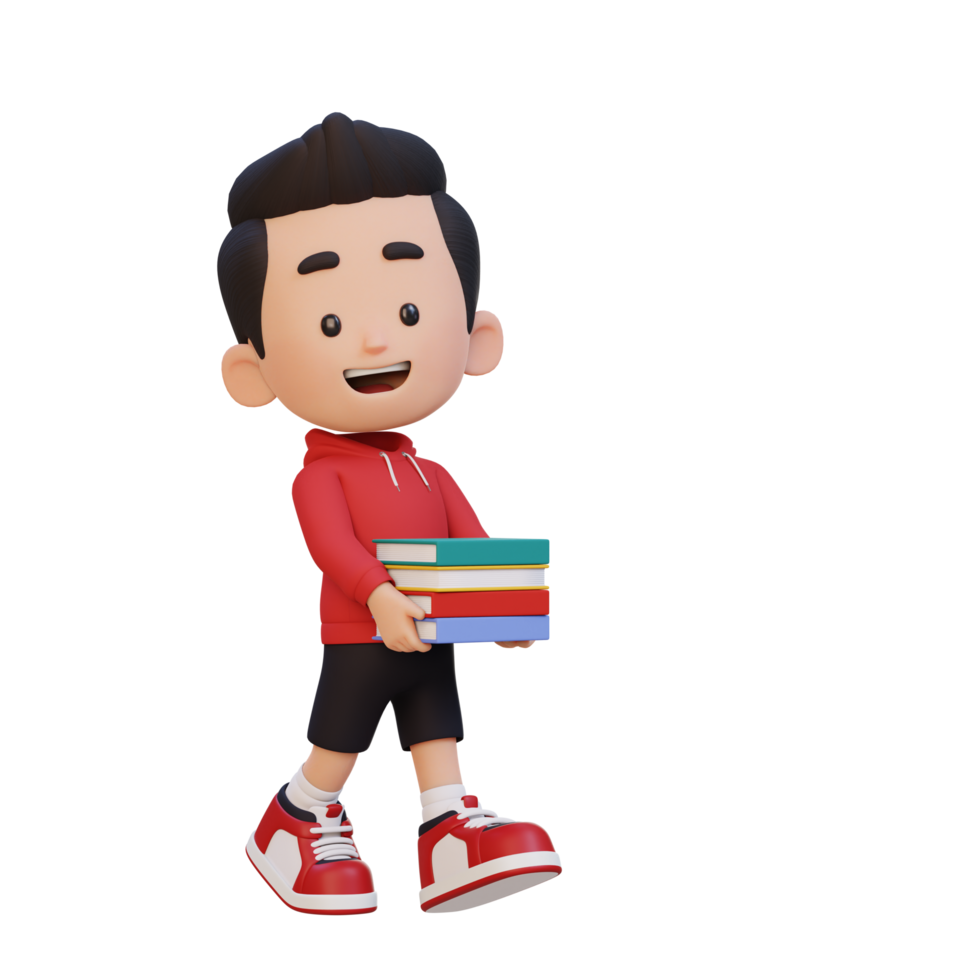 3D happy kid character holding book png