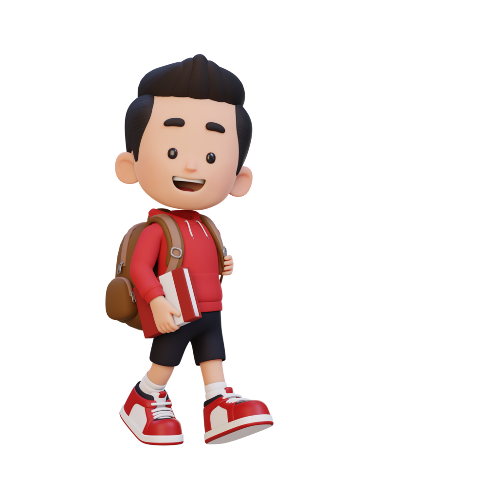3D happy kid character walking go to school holding book png