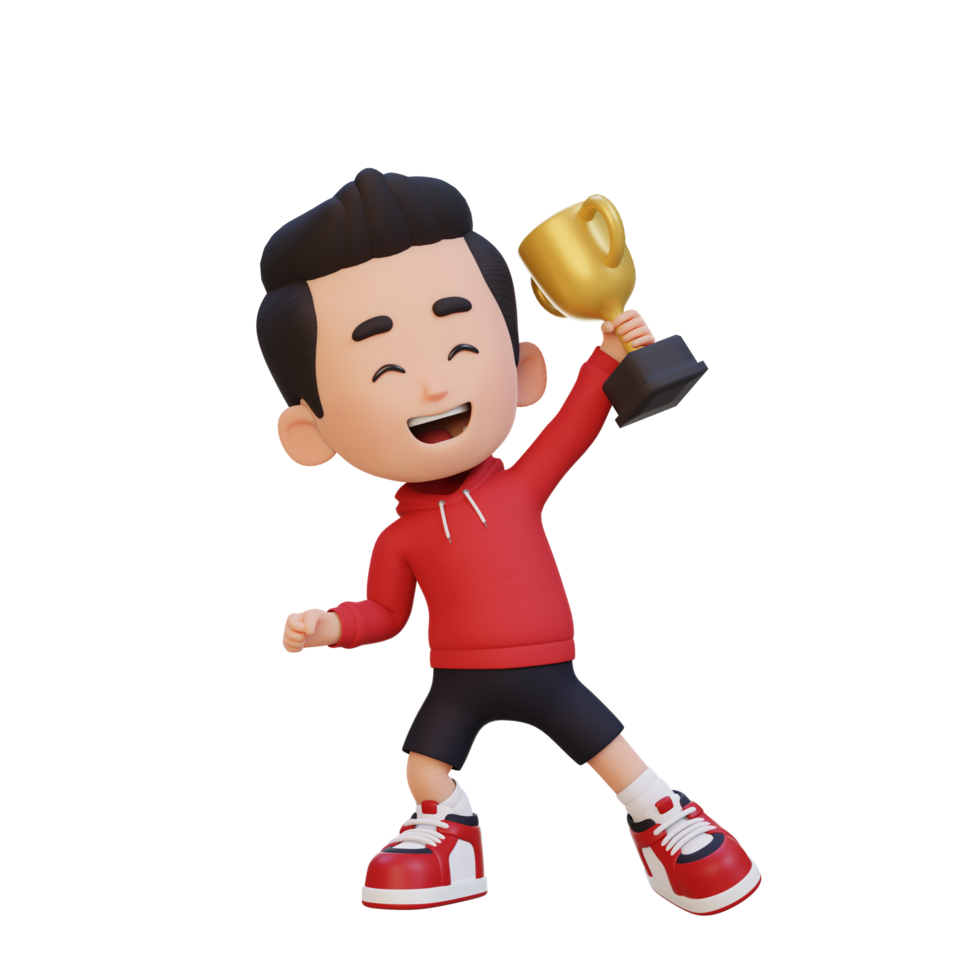 3D kid character celebrating win holding a trophy png