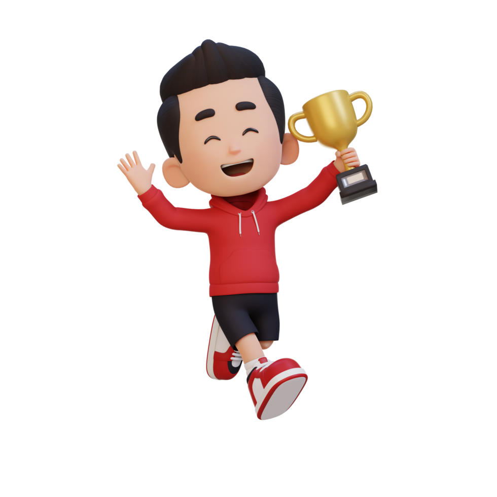 3D kid character celebrating win holding a trophy png