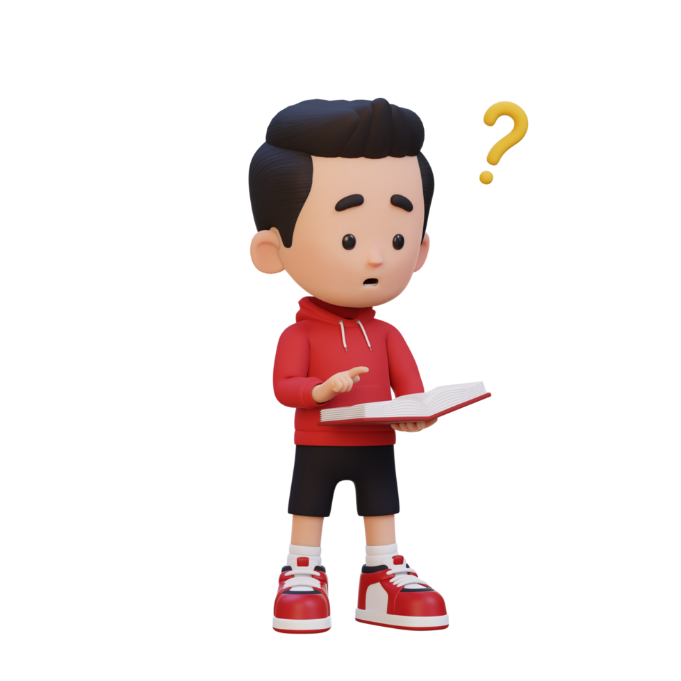 3D kid character get confused when reading a book png