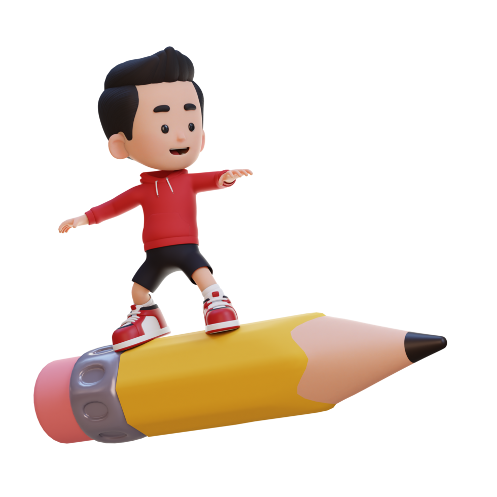 3D kid character standing riding a pencil png