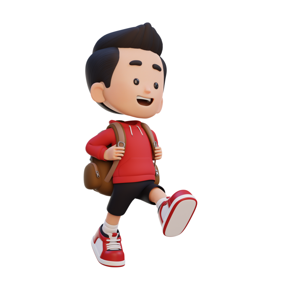 3D happy kid character walking go to school holding bag png