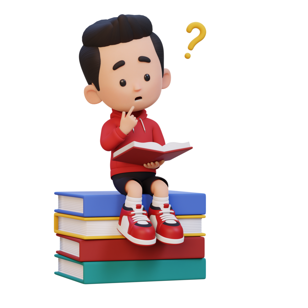 3D kid character get confused when reading a book png