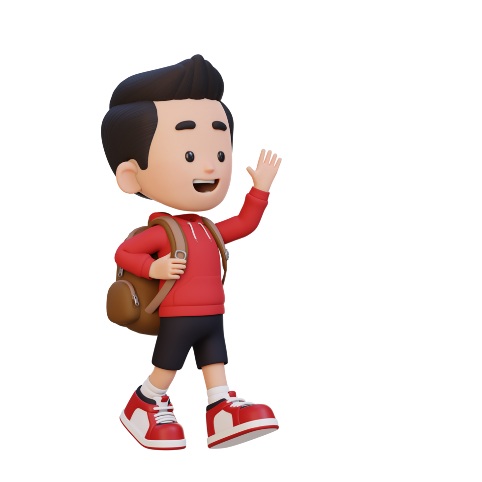 3D happy kid character walking and waving hand png
