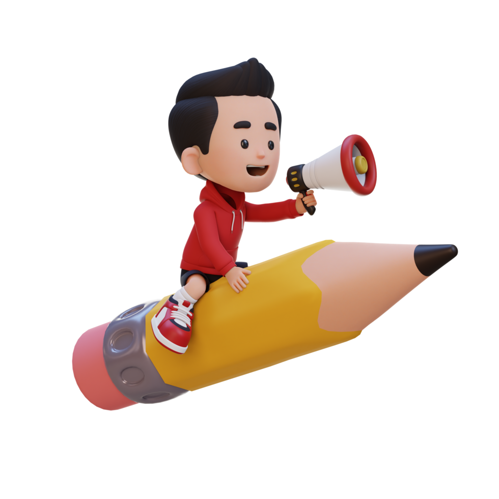 3D kid character riding a pencil and holding megaphone png