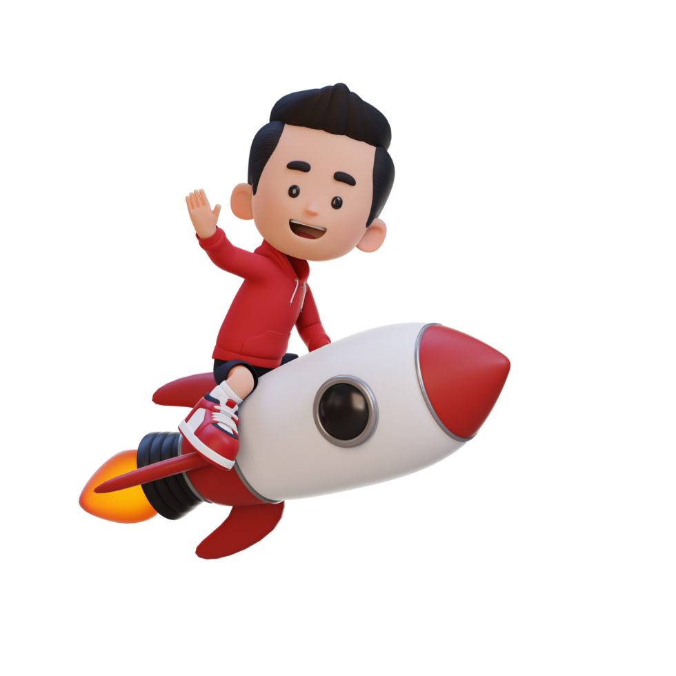 3D kid character riding a rocket and waving hand png
